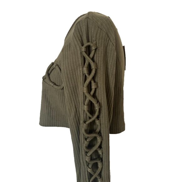 NWT MISSGUIDED Top Size 10 Khaki Green Ribbed Knit Crop Top Cross Lace Detail - Picture 6 of 8